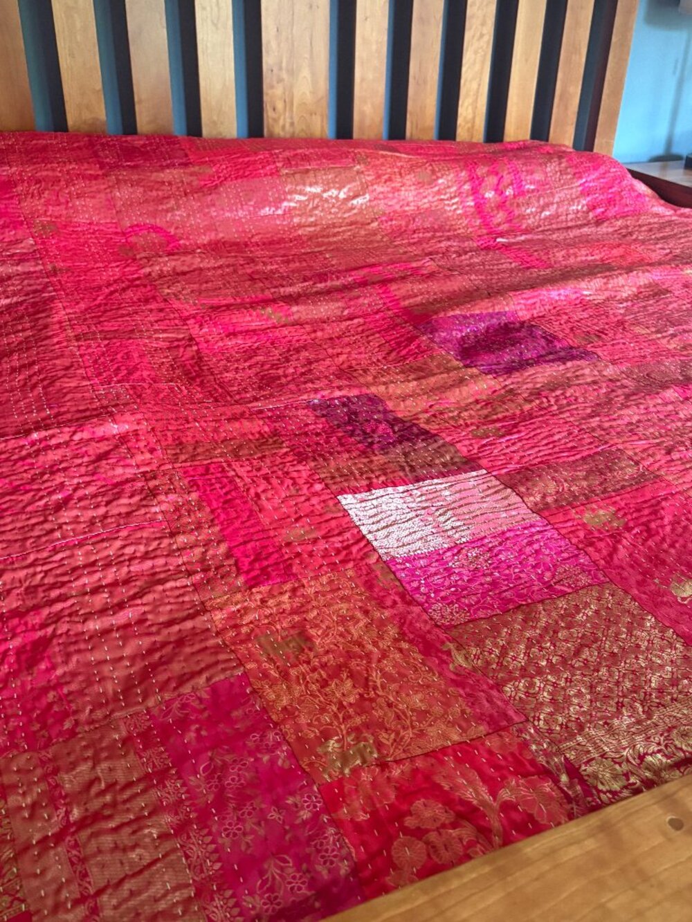 Handmade Indian Beaded Embroidered Quilt Bedspread - Pink Multi King or Queen